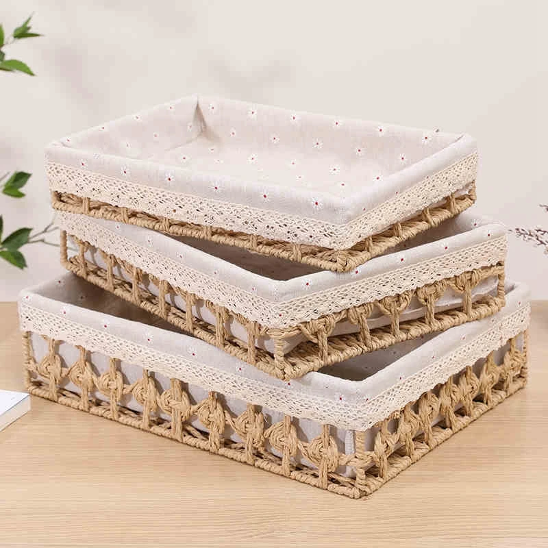

Handmade Storage Basket Woven Fruit Bread Snack Storage Tray Items Desktop Sundries Cosmetics Organizer Panier Rangement