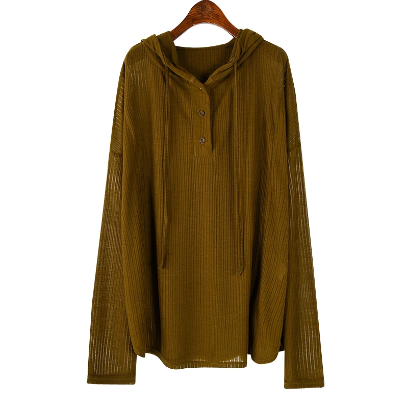 

SuperAen Loose Rope Hooded Pullover Sun-proof Smock Summer 2022 New Thin Full Solid Woman Tshirts