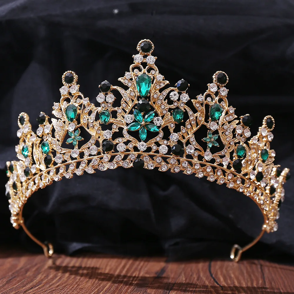 

Baroque Vintage Green Crystal Leaves Bridal Tiaras Crown Rhinestone Pageant Diadem Veil Tiara Headpiece Wedding Hair Accessories