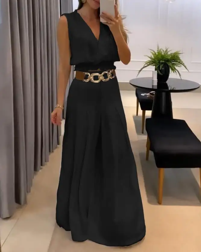 Элегантный женский однотонный комплект из двух предметов летний с V-образным