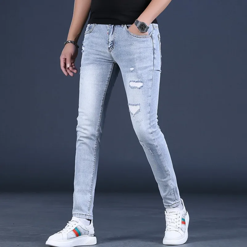 Summer Ripped Jeans Men Fashion Slim Fit Pencil Pants Streetwear Casual Lightweight Light Blue Denim Trousers