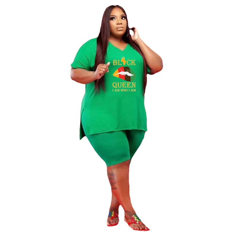Plus Size 2 Piece Set Women Fashion Lip Print Short Sleeve Cop Top Pants Shorts Sets Jogging Tracksuit Wholes 3xl 4xl 5xl 6xl