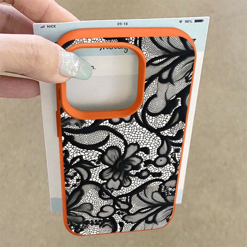 Фото Черный силиконовый чехол с кружевным принтом для iPhone 17e 18 17 Pro Max 16 15 14 13 Pro Max 16e, ударопрочный, с текстурой мягкой кожи. №5