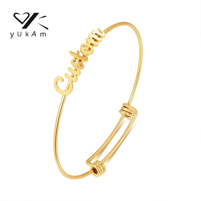 YUKAM Adjustable Customized Ladies Bracelets and Bangles Ideas Women Gift Name Bracelet Gold Letter Bangle Personalized Gifts