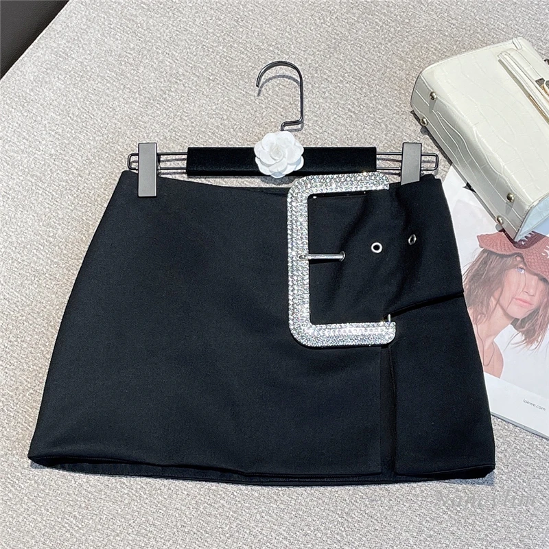 

Женская мини-юбка с завышенной талией, черная привлекательная офисная мини-юбка с пряжкой, лето 2022