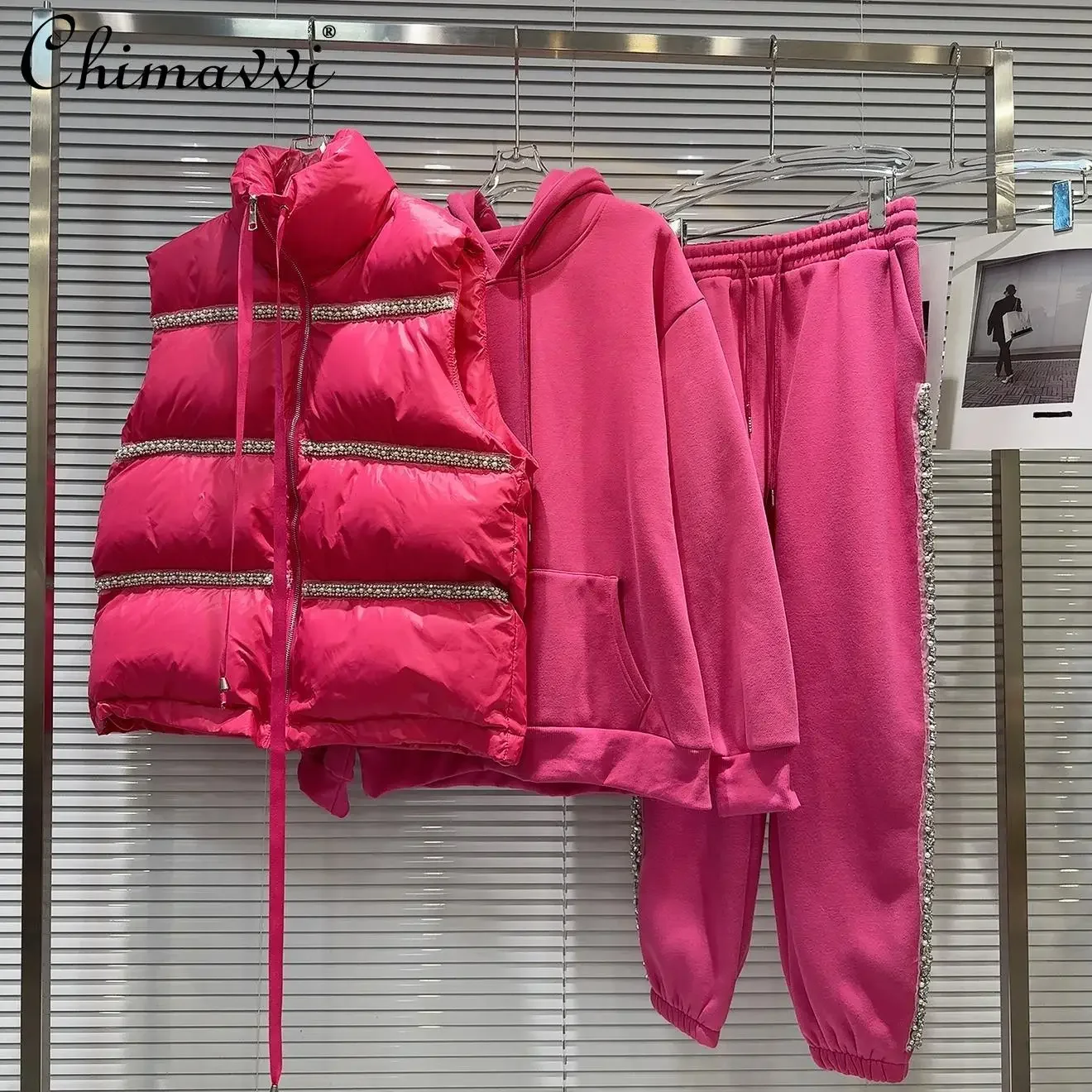 Новый зимний пуховый жилет с тяжелыми жемчужными бусинами толстовки капюшоном