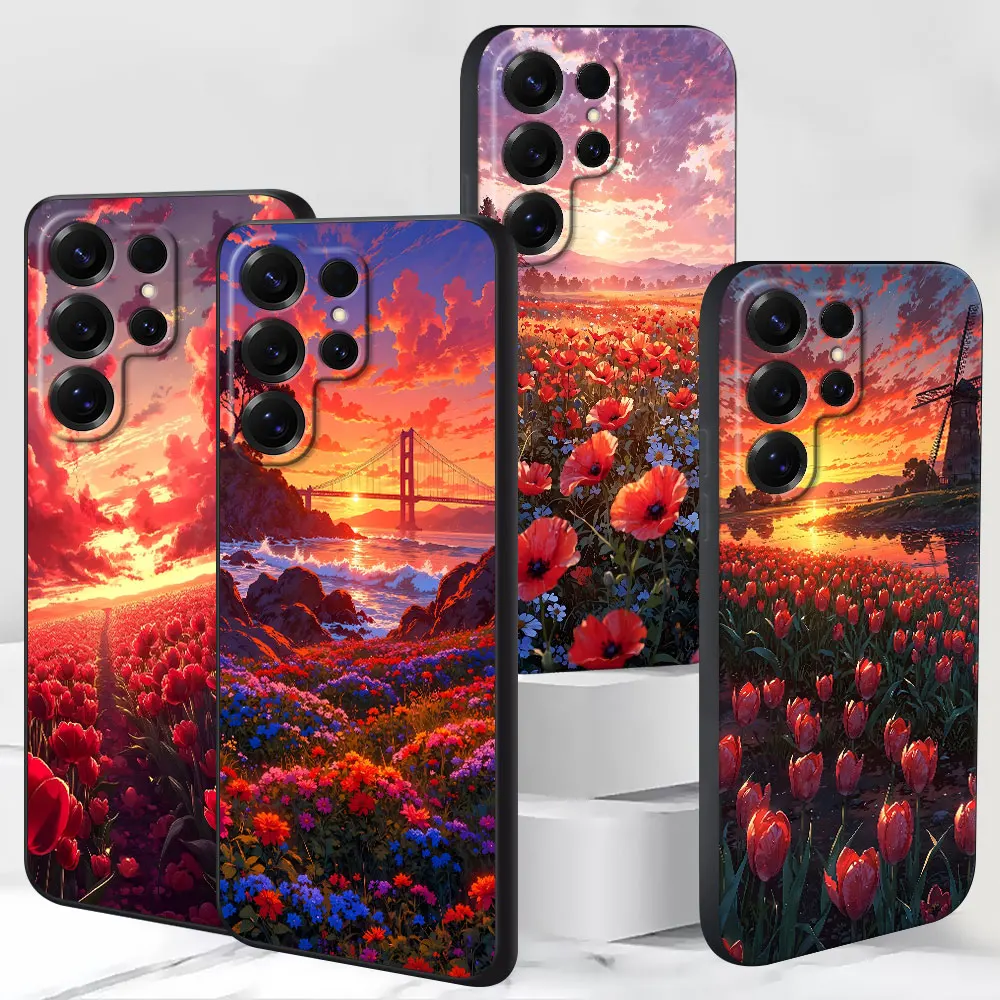 Фото Чехол для телефона Samsung Galaxy S25 S21 S24 S10 S23 S22 Ultra S20 FE S8 S9 Plus с цветочным узором и красными цветами, черный, из ТПУ №1