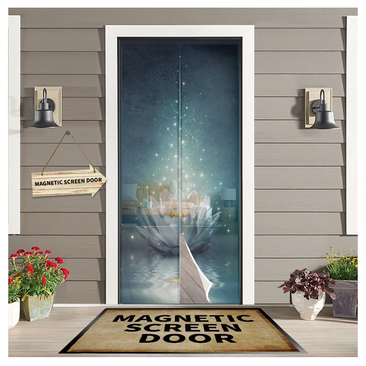 

Water Surface Lotus Magic Sheer Door Curtain Mosquito-proof Kitchen Magnetic Hanging Curtains Window Screen Gauze Door Curtain
