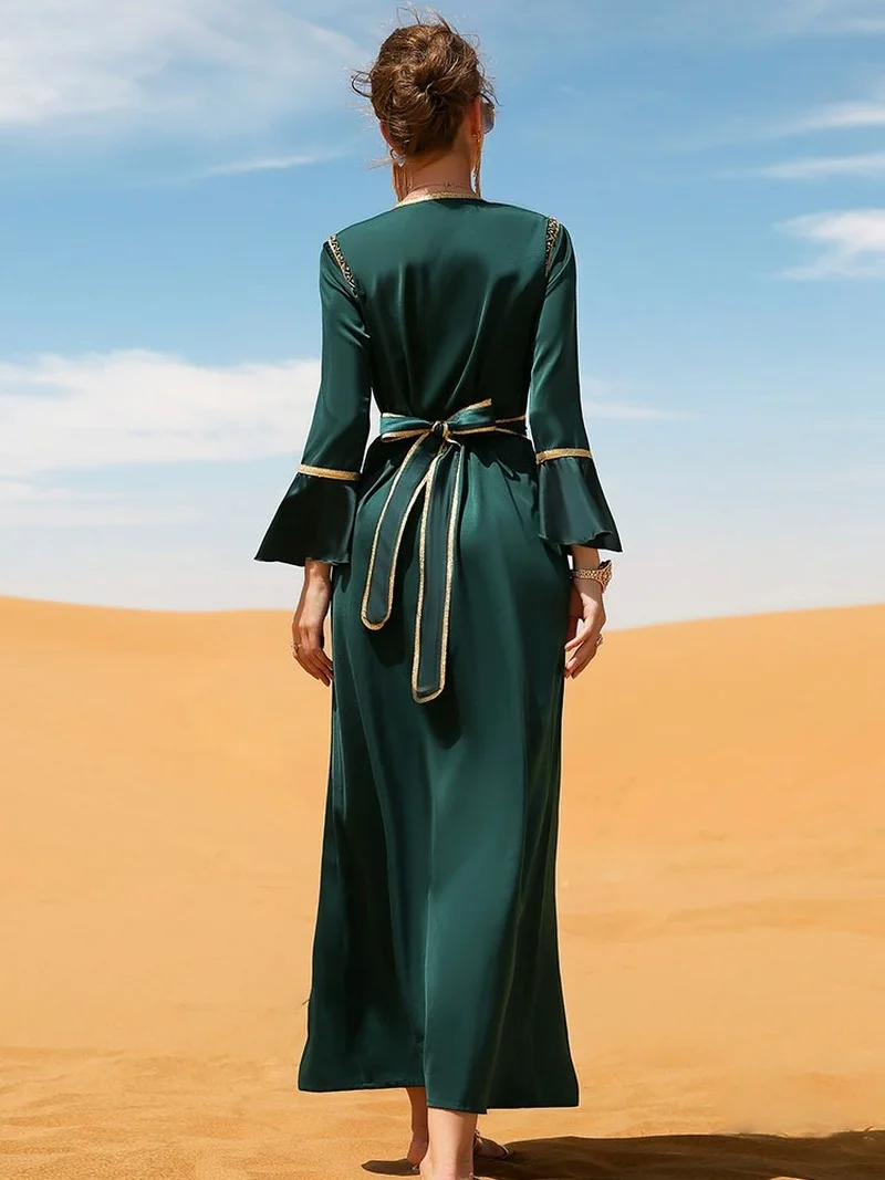 Rhinestone Kaftan Women Moroccan Party Caftan Flounce Sleeve Belted Satin Long Dress Muslim Dubai  Abaya Wedding Evening Ramadan