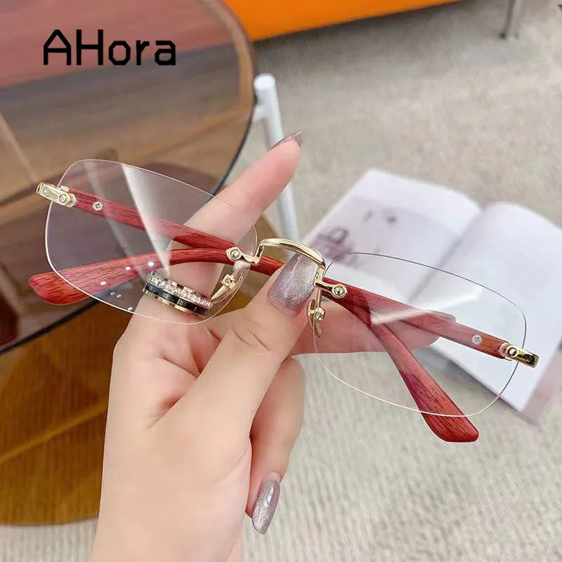 

Ahora Rimless Imitation Wood Grain Presbyopia Reading Glasses Women Men Retro Anti Blue Light Presbyopic Eyewear +1.0 to +4.0