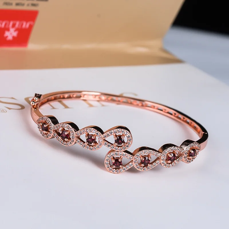 

Natural Garnet Rose Gold Bangle Bracelets Women Fine Jewelry Accessories Genuine Red Garnet Crystal Gemstone Open Copper Bangles