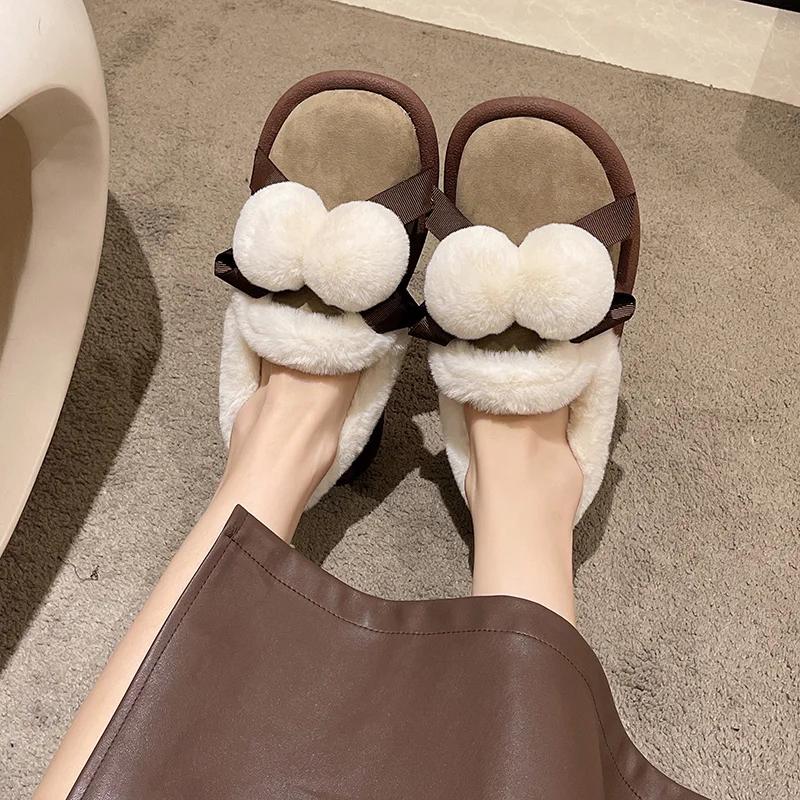 

Туфли женские с закрытым носком, повседневная обувь, универсальные лоферы, меховое платье, Мокасины, без застежки, Осень-зима