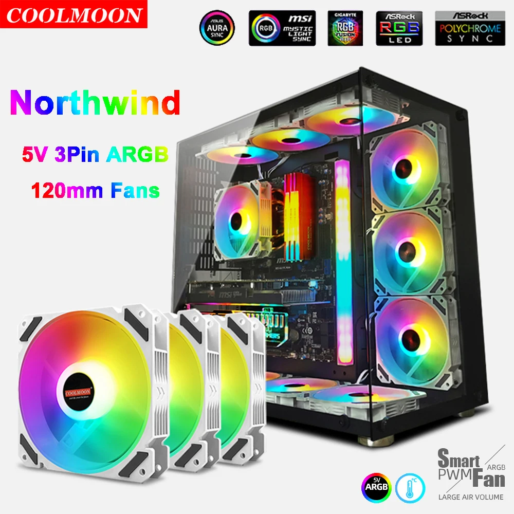 

Coolmoon 5V ARGB вентилятор AURA SYNC ТИХИЙ 120 мм 12 В 4 контакта Стандартный чехол для ЦП кулер радиатор белый RGB чехол Аксессуары для вентиляторов