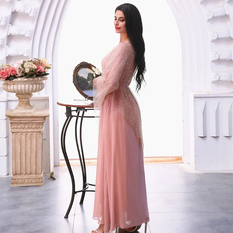 Elegant Dresses For Women Sequins Mesh Solid Pink Maxi Dress O-Neck Full Sleeve Belted Caftan Marocain Ladies Party Robe Ramadan