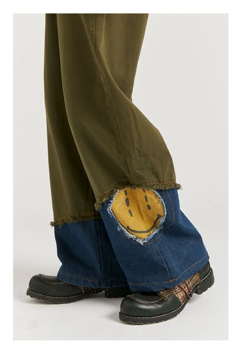 Jeans design sense men and women spring and autumn loose straight stitching design sense retro wide-leg pants hip-hop trousers