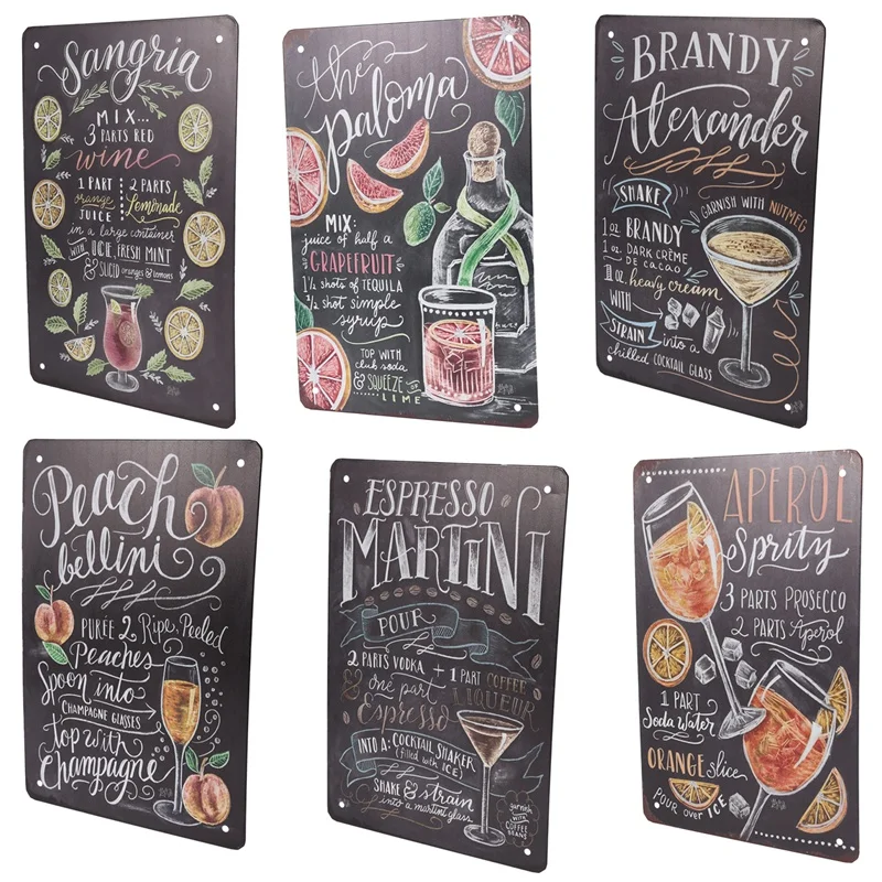 

ABHG 6Pcs Vintage Cocktail Tin Poster Metal Signs Wall Stickers Decoration Retro Martini Mojito Metal Plaque Sign Plates Bar