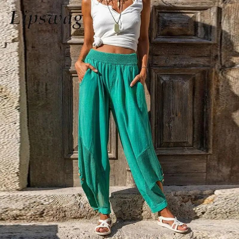 

Casual Women's Cotton Linen Beach Pants Female Loose Hollow Hem Design Harem Pants Vintage Fashion Pocket Elastic Waist Trousers