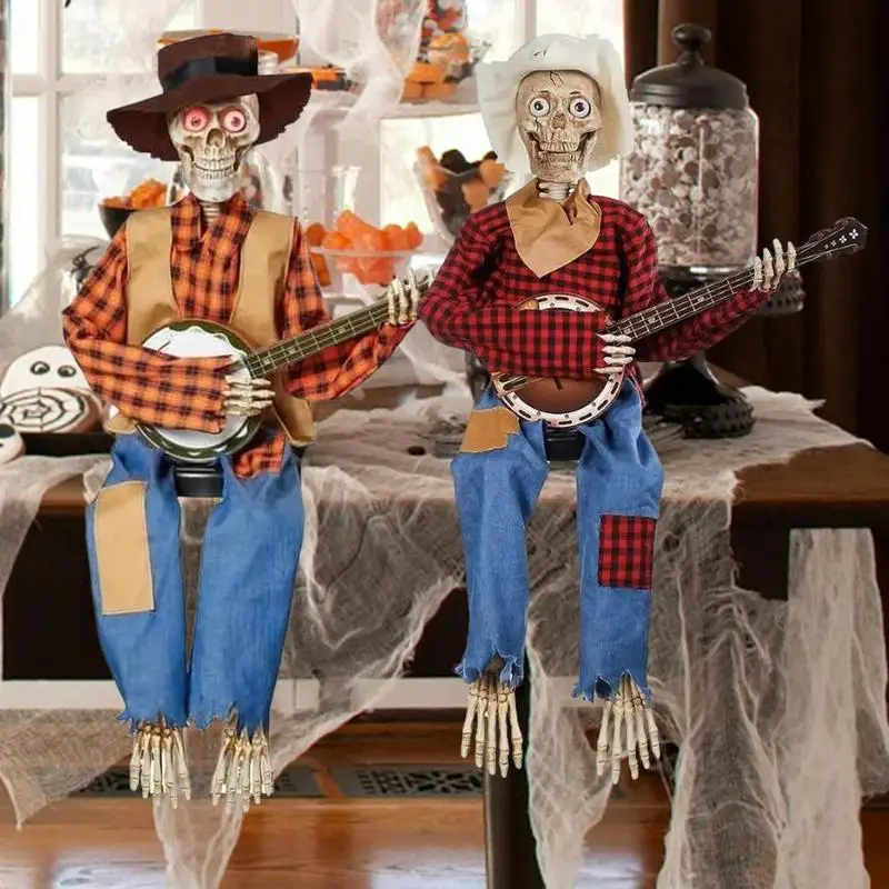 

2023 Скелет банджо, страшный скелет, декор черепа на Хэллоуин, ковбойская статуя скелета, страшный скелет, реквизит, украшение, забавные подарки