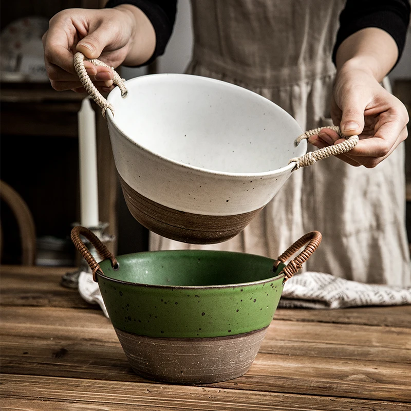 

Креативная Большая керамическая чаша с ручкой из ротанга, американская Ретро чаша контрастных цветов для грубой керамики, глубокая чаша дл...
