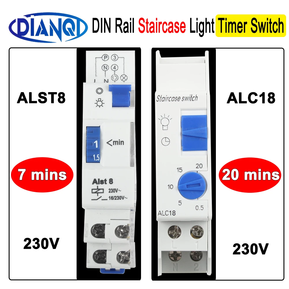 Interruttore timer su guida DIN per controller illuminazione scale ALST8 1-7 minuti ALC18 Intervallo 1-20 minuti Modulo singolo 18 mm