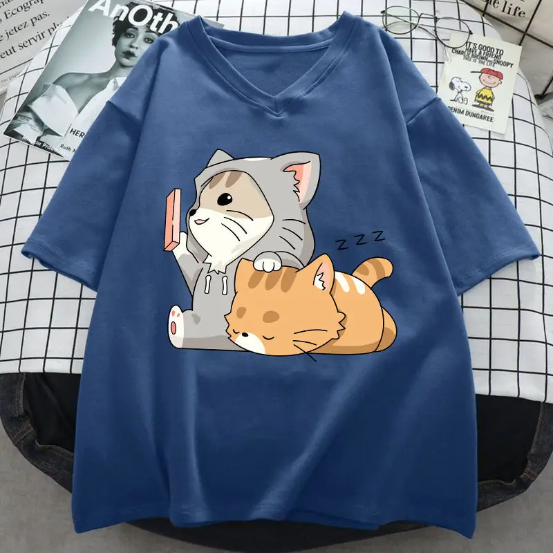

Pure Cotton Cute Cat Print 2022 Women's T-shirt Top V-neck Short-sleeved Loose Large Size New Student Spring Summer Kawaii Tees