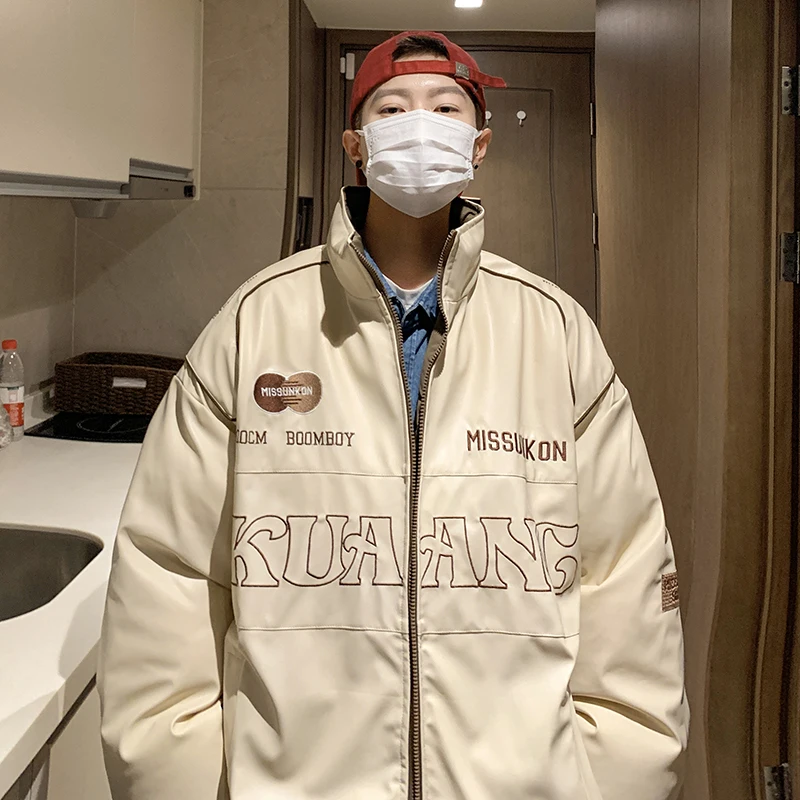 

Двусторонняя куртка-пуховик из искусственной кожи, Мужская зимняя модная трендовая уличная одежда большого размера для подростков, Свободное пальто из искусственной кожи с ветрозащитной подкладкой