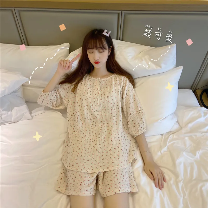 Korean Cherry Print Spring Pajamas Set Women O-Neck Long Sleeve Buttons Shirts + Trousers Cotton Casual Sleepwear Soft Home Suit