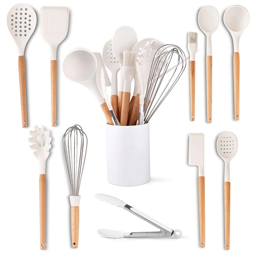 

10Pcs Silicone Cooking Utensils Kitchen Utensils Set Heat Resistant, Pot Tongs, Spatula, Spoon, Brush, Whisk, Wooden Handle Grey
