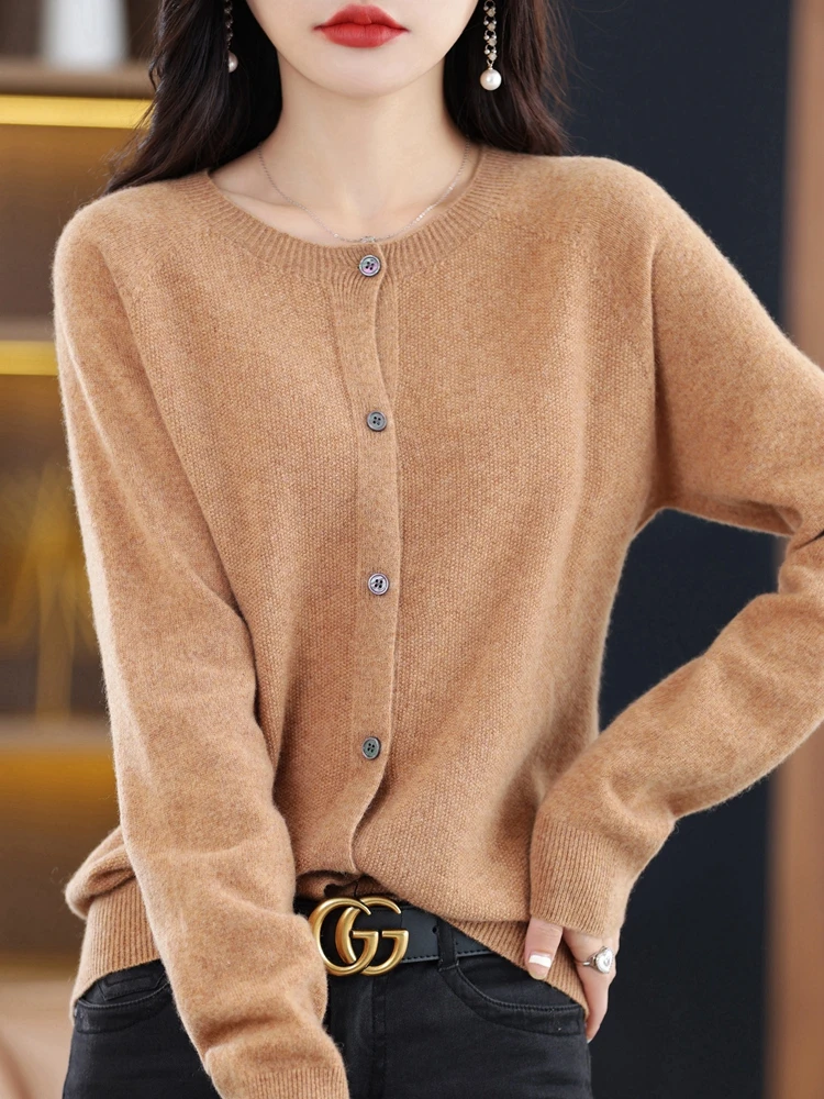 Женский модный кардиган из мериносовой шерсти свитер с круглым вырезом и длинным