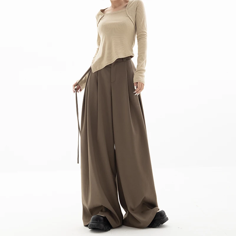 Spring and Autumn New Style Coffee Color Casual Loose Wide-Leg Pants Personality Suit Pants Draping Big Leg Slimming