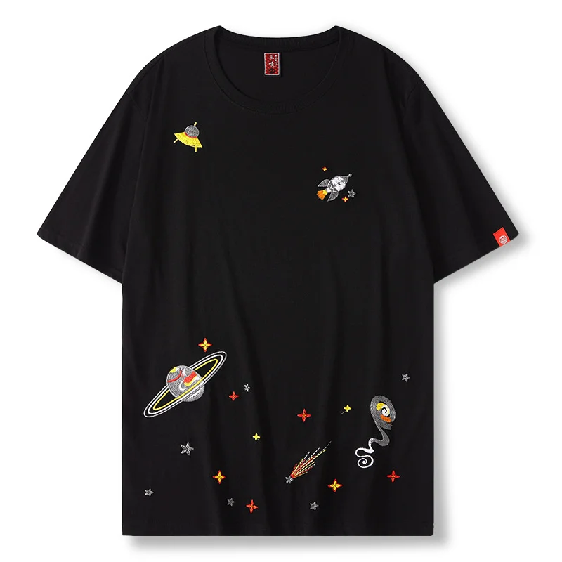 

Футболка из чистого хлопка с вышивкой астронавта из мультфильма Гуо Чао, Повседневная летняя футболка в стиле хип-хоп с короткими рукавами