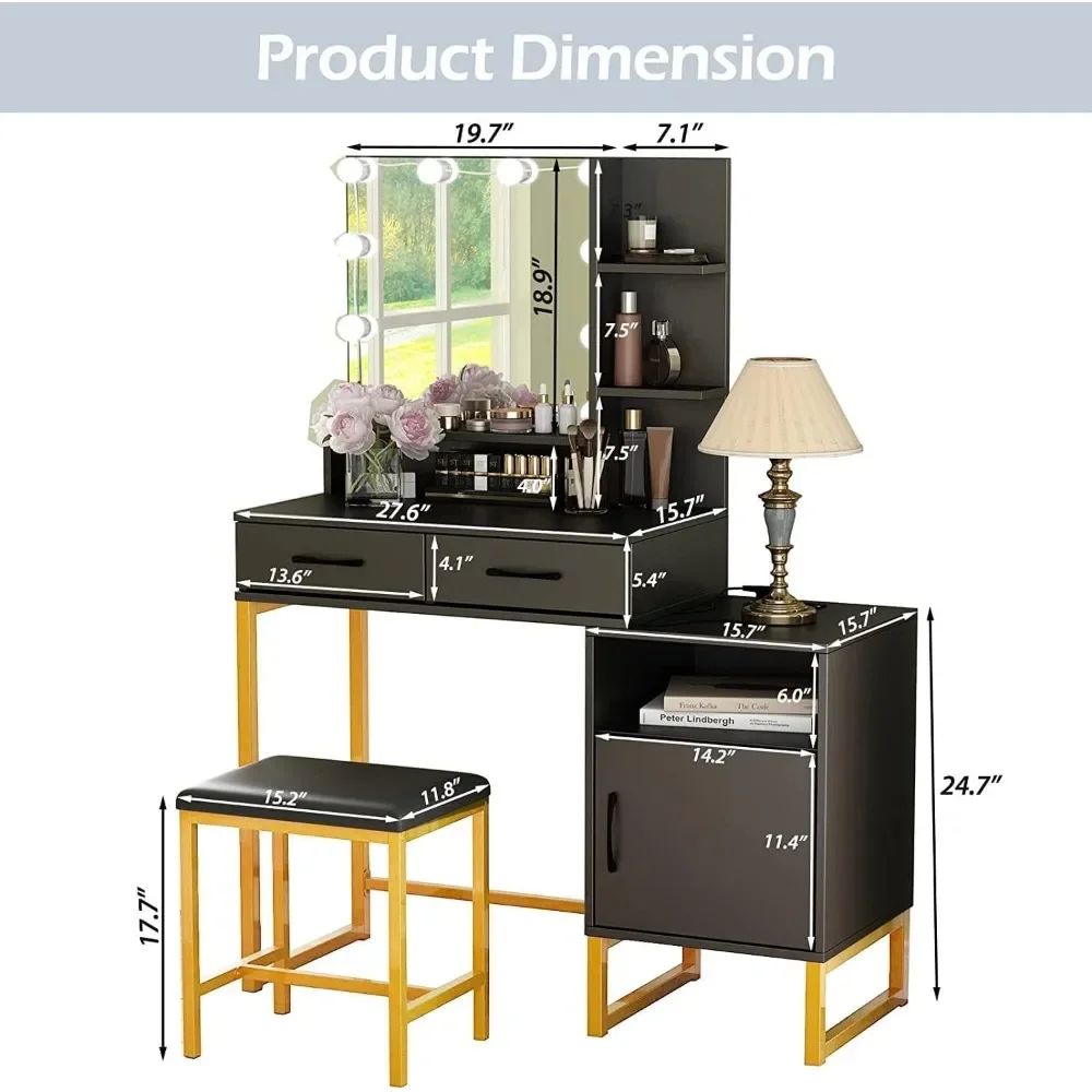 Туалетный столик для макияжа с зеркалом подсветкой и зарядной станцией черный