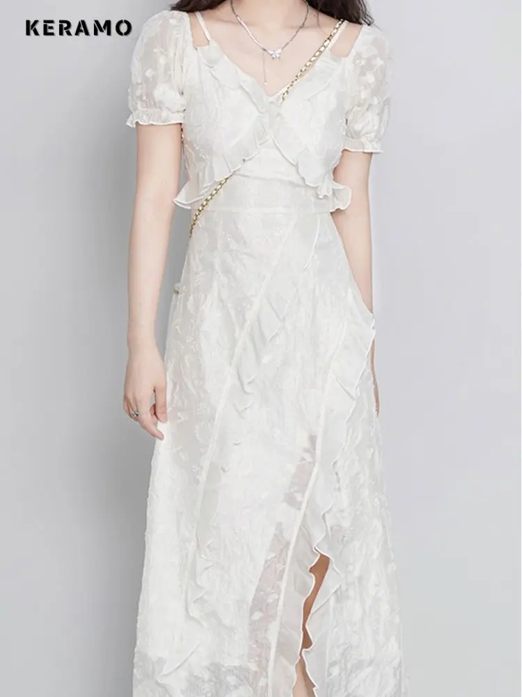 

Женское шифоновое платье с высокой талией, белое элегантное Свободное платье с V-образным вырезом и оборками, с пышными рукавами, в французском стиле, лето 2023