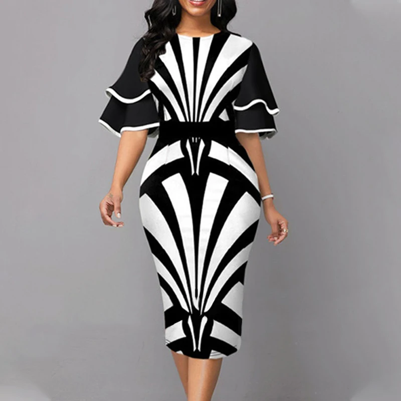 

2022 Spring Printed O-Neck White Dress Elegant Slim Fit Butterfly Sleeve Knee-Length Dresses 5XLPlus Size Vestidos Para Mujer