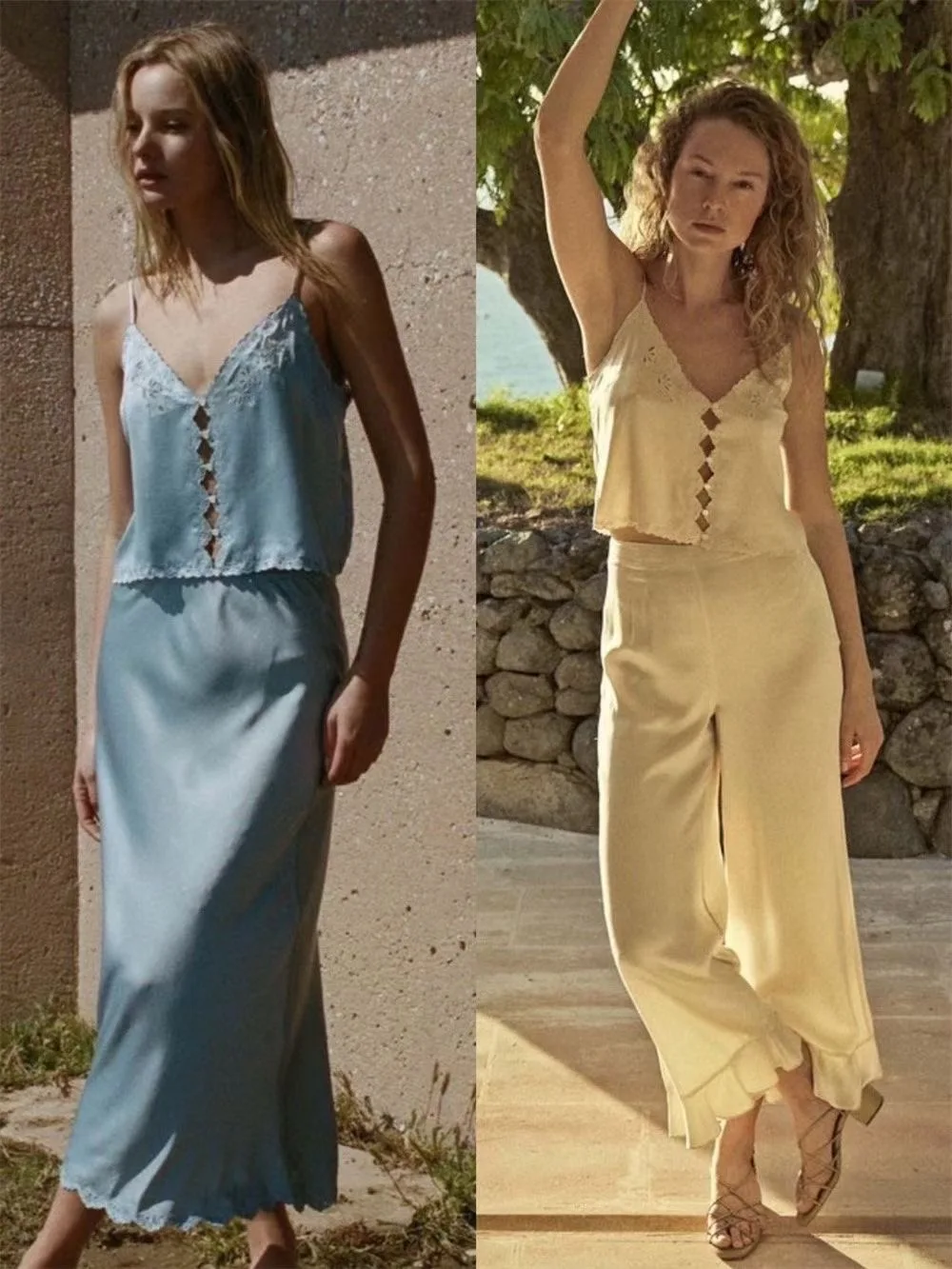 

Women Lace Embroidery Single Breasted Silk Camisole Or High Waist Long Skirt Set