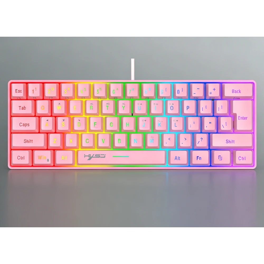 Фото Игровая клавиатура 60% RGB, белая, миниатюрная, проводная, с подсветкой, для ПК, цветная, розовая, белая. №4