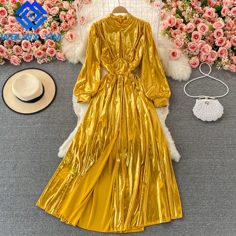 

High Waist Maxi Dress Women Stand Collar Long Sleeve Fashion Metallic Dresses Ladies Loose Casual Autumn Party Dress Female