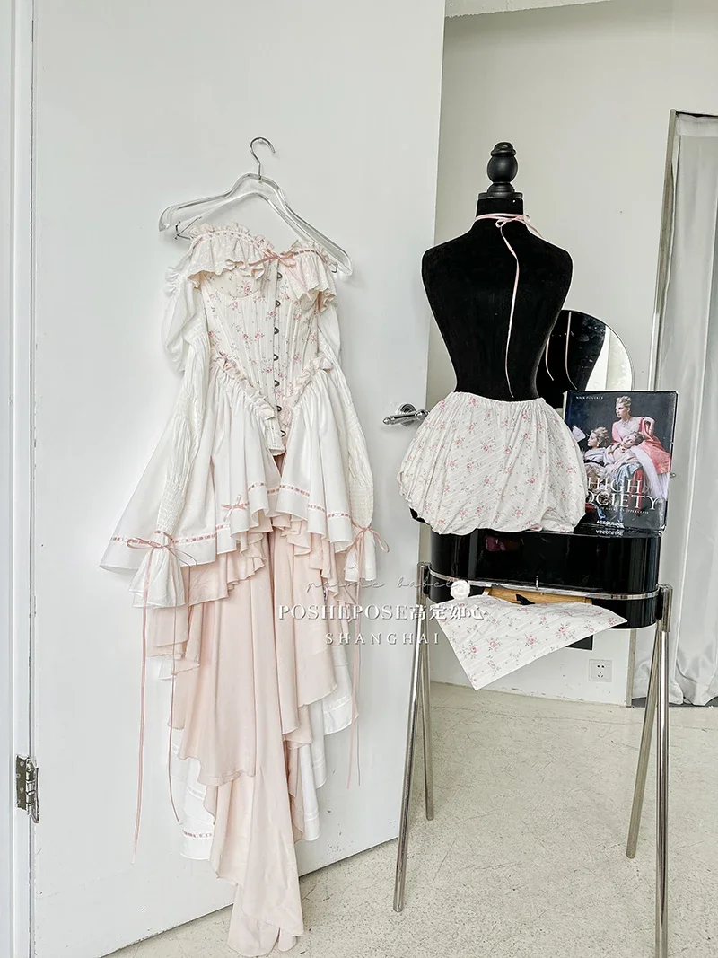 Новый девчачий розовый корсет с цветочным принтом тонкое платье со шлейфом и