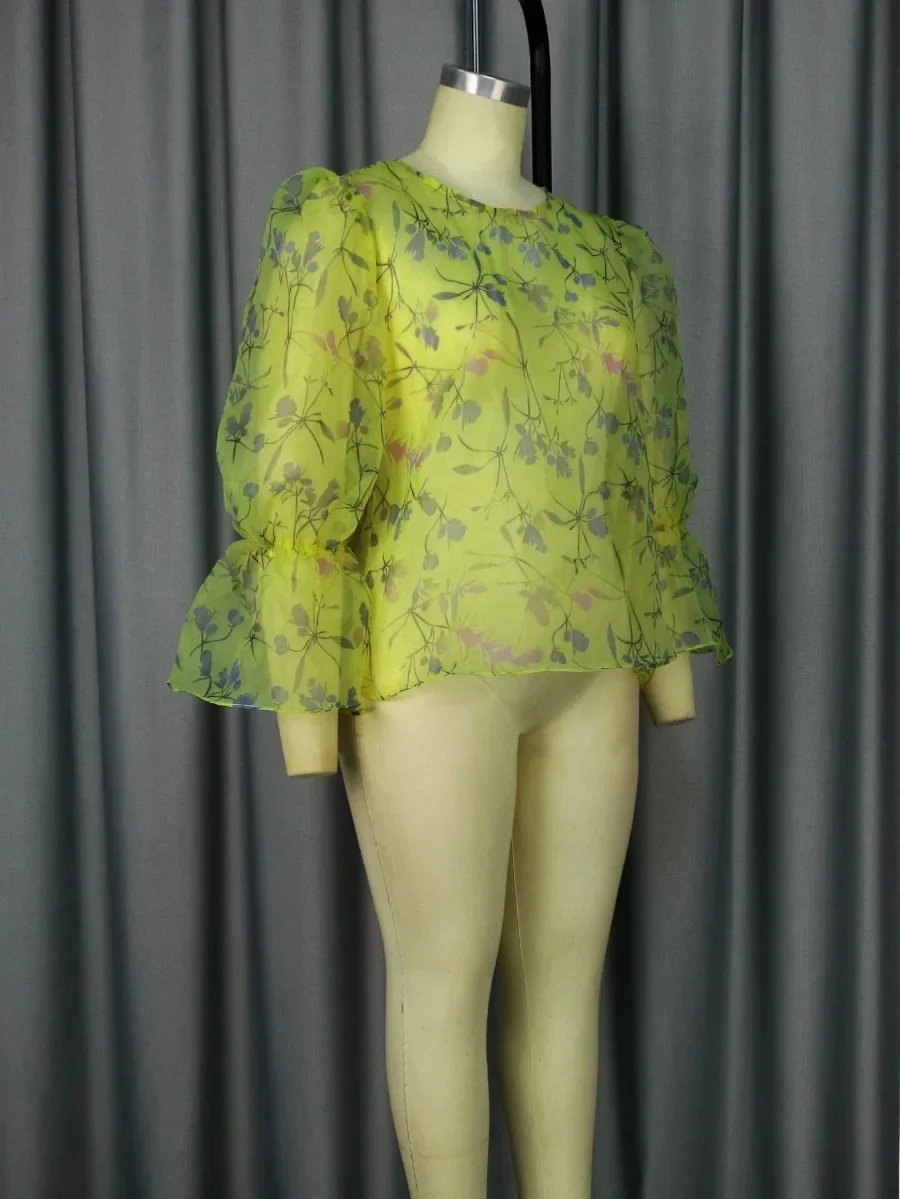 Желтые прозрачные блузки из органзы с принтом для женщин сексуальные рубашки