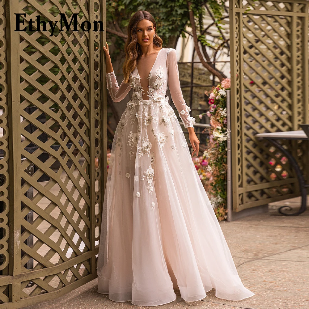 

Ethymon Pastrol Scoop Backless Long Sleeve Wedding Dress 2023 Bridal Gown Floral Print Vestidos De Novia Illusion Made To Order