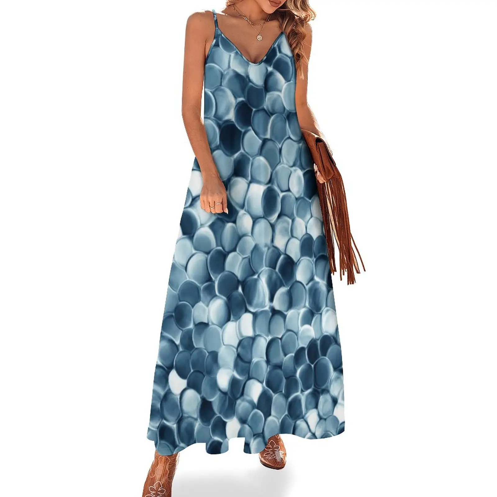 

Metallic Blue Coins Dress Modern Art Night Club Maxi Dress Strap Stylish Boho Beach Long Dresses Holiday V Neck Big Size Vestido