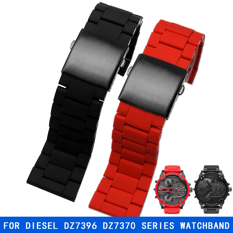 

28mm Silicone Stainless Steel Watchband Watch Strap For Diesel DZ7396 DZ7370 DZ4289 DZ7070 DZ7395 Men Rubber Wrist Band Bracelet