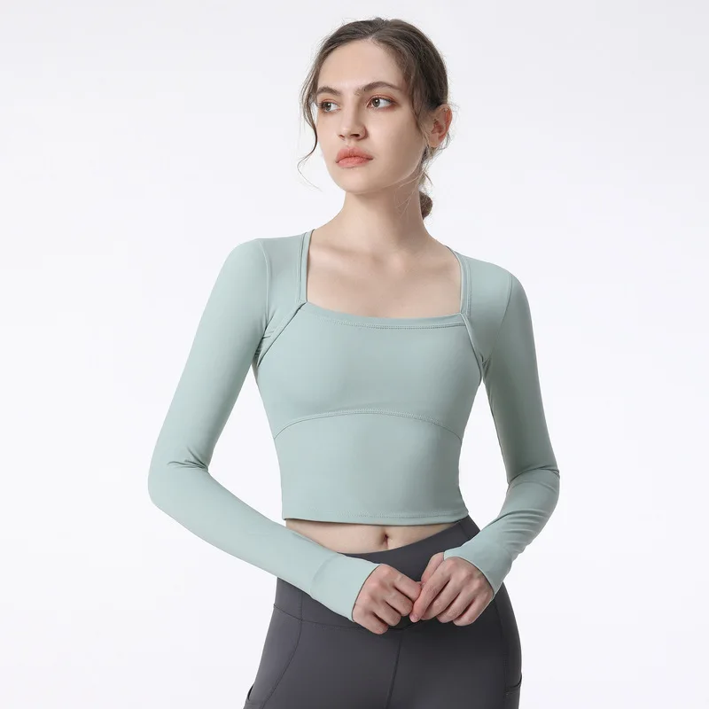 

Gym Wear for Women Long Sleeve Cropped Top with Chest Pad Yoga T-shirt Running Shirt Stretch Breathable Training