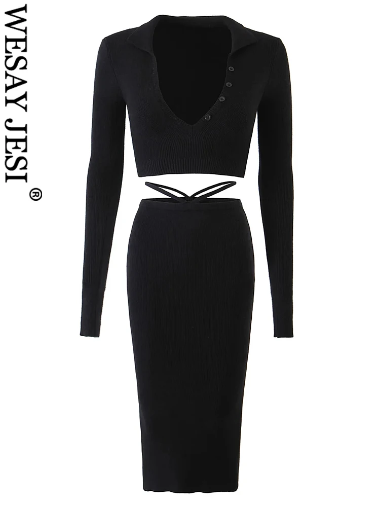 

Пуловер WESAY JESI женский однотонный, модный свитер из 2 предметов, мягкий укороченный топ с лацканами и пупками и облегающая юбка-годе с разрез...