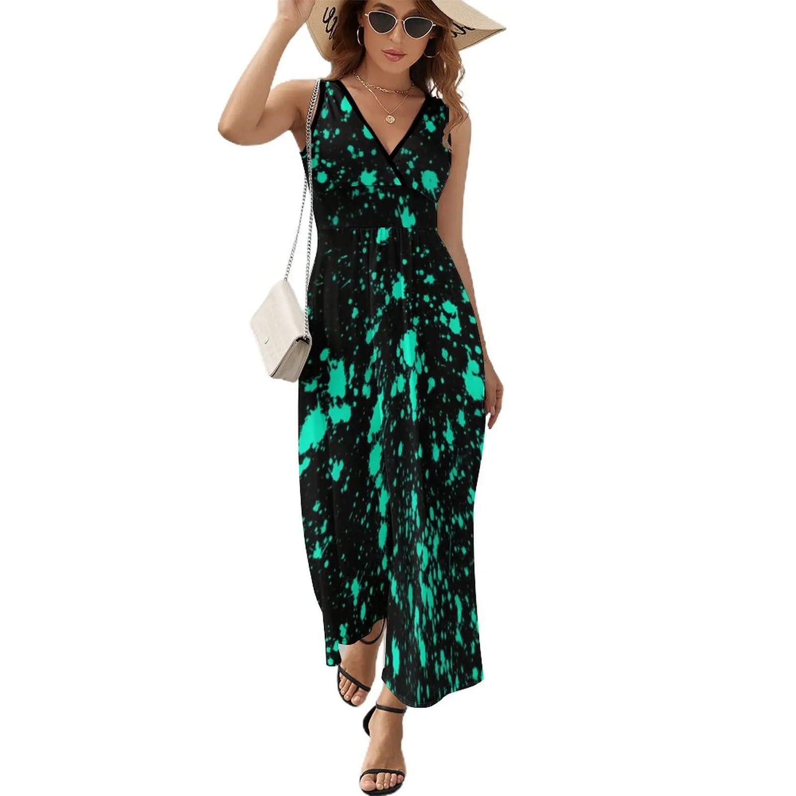 

Mint Paint Splatter Dress Artistic Splash Sexy Maxi Dress Streetwear Bohemia Long Dresses Lady High Waist Print Oversize Clothes