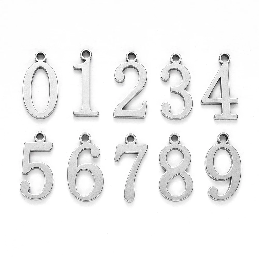 

10pcs/set 304 Stainless Steel Pendants Number 0~9 For Women Necklace Earring DIY Jewelry Making Accessories 15x5.5~8x1.5mm