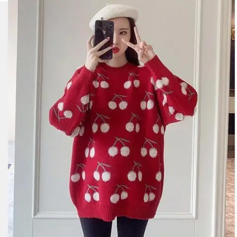 Красный свитер в стиле Харадзюку с вишневым принтом, женская осенне-зимняя одежда, повседневная уличная одежда в иностранном стиле, пуловер, топ