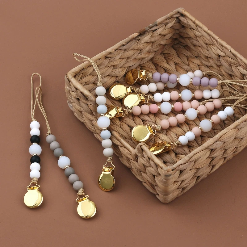 

Silicone Baby Anti-drop Chain Silicone Beads Wooden Pacifier Clips Infant Nipple