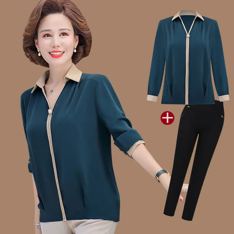 

Spring Autumn Two Piece Sets Women Fashion Blouse and Pants Female Middle-Aged Mother Loose Clothing Womens Outfits 2022 E285
