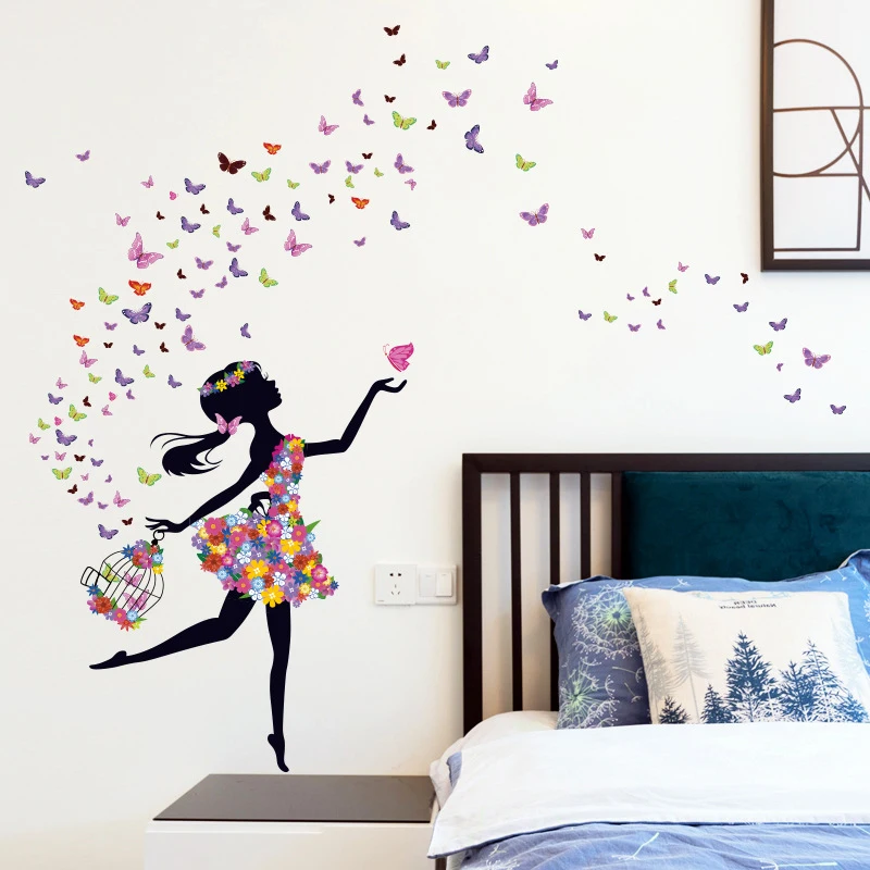 

New Cartoon Flower Girly Wall Sticker Home Living Room Decor Vinyl Wall Sticker Butterfly Elf DIY Kids Door Mural Wallpaper